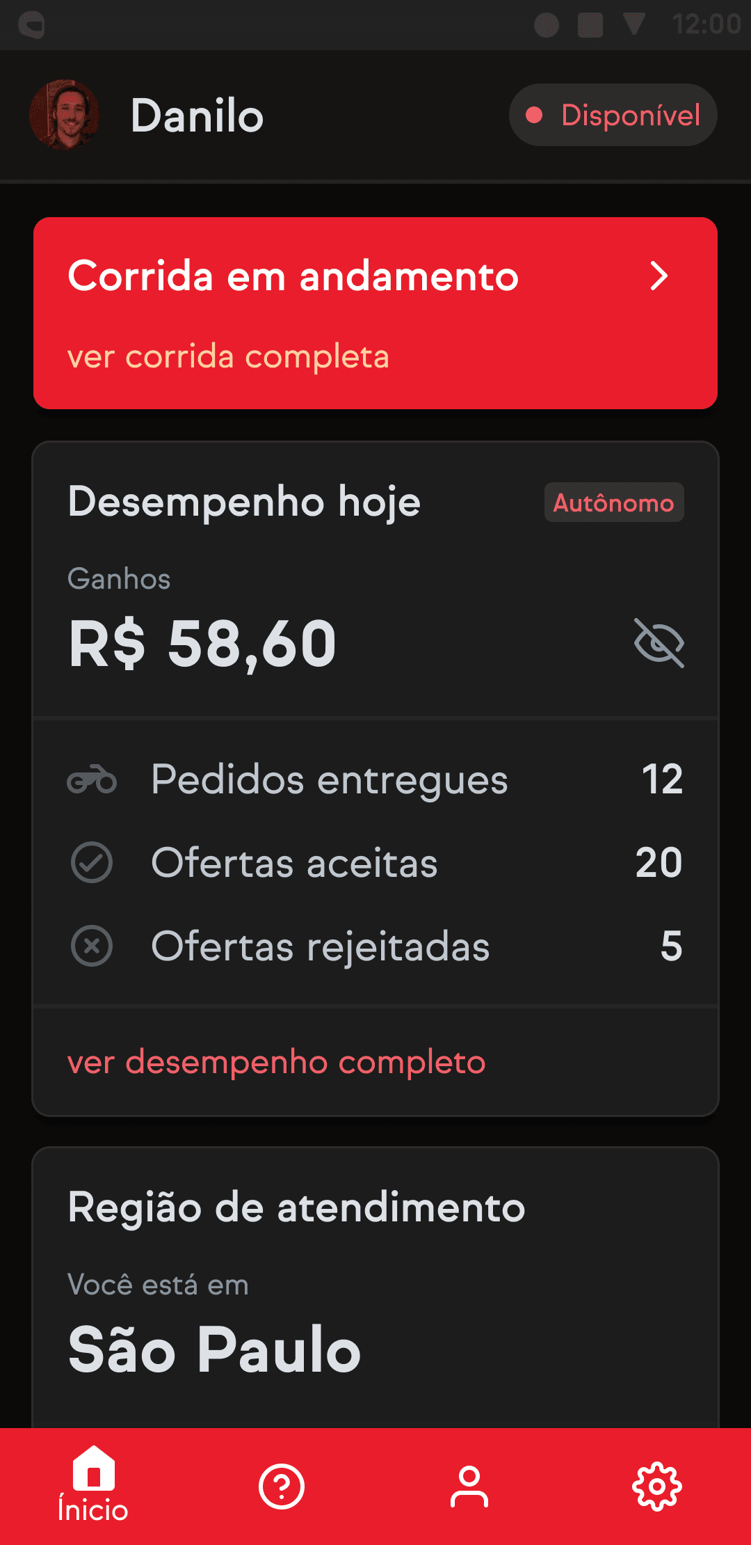 Home screen UI of the iFood para Entregadores app
